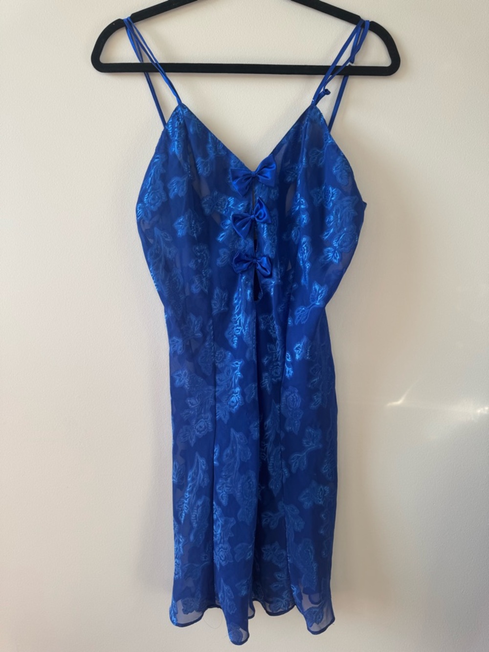 Frederick's of Hollywood Blue Floral Midi Slip Dress XL Bows Sheer Pin-Up